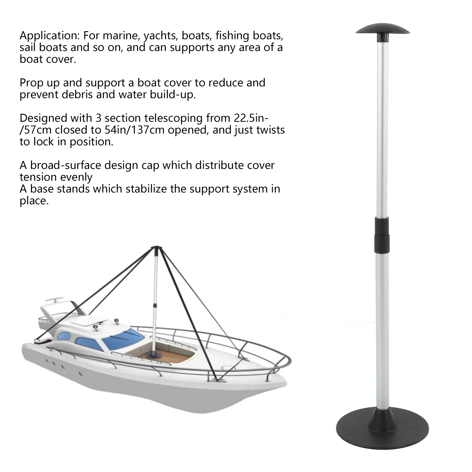 Boat Cover Support Pole 3 Steps 22.5in‑54in Adjustable Aluminium ABS for Yachts Fishing Sailboat Boat Cover Support System