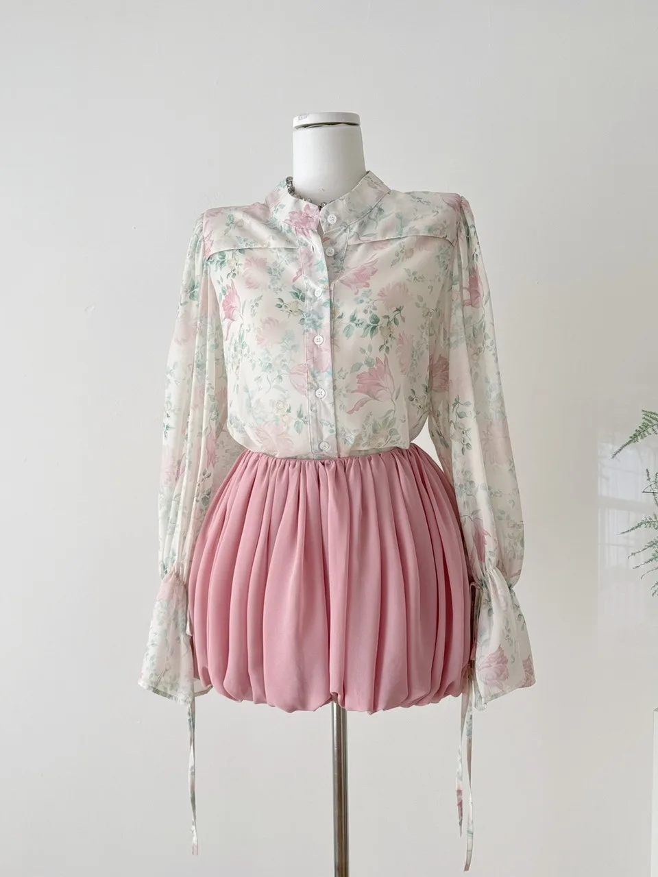 

Artistic Fre Floral Long Sve Thin Chiffon irt Women's High Waist Puffy f Skirt Autumn Two-Piece Set Ele Ladylike