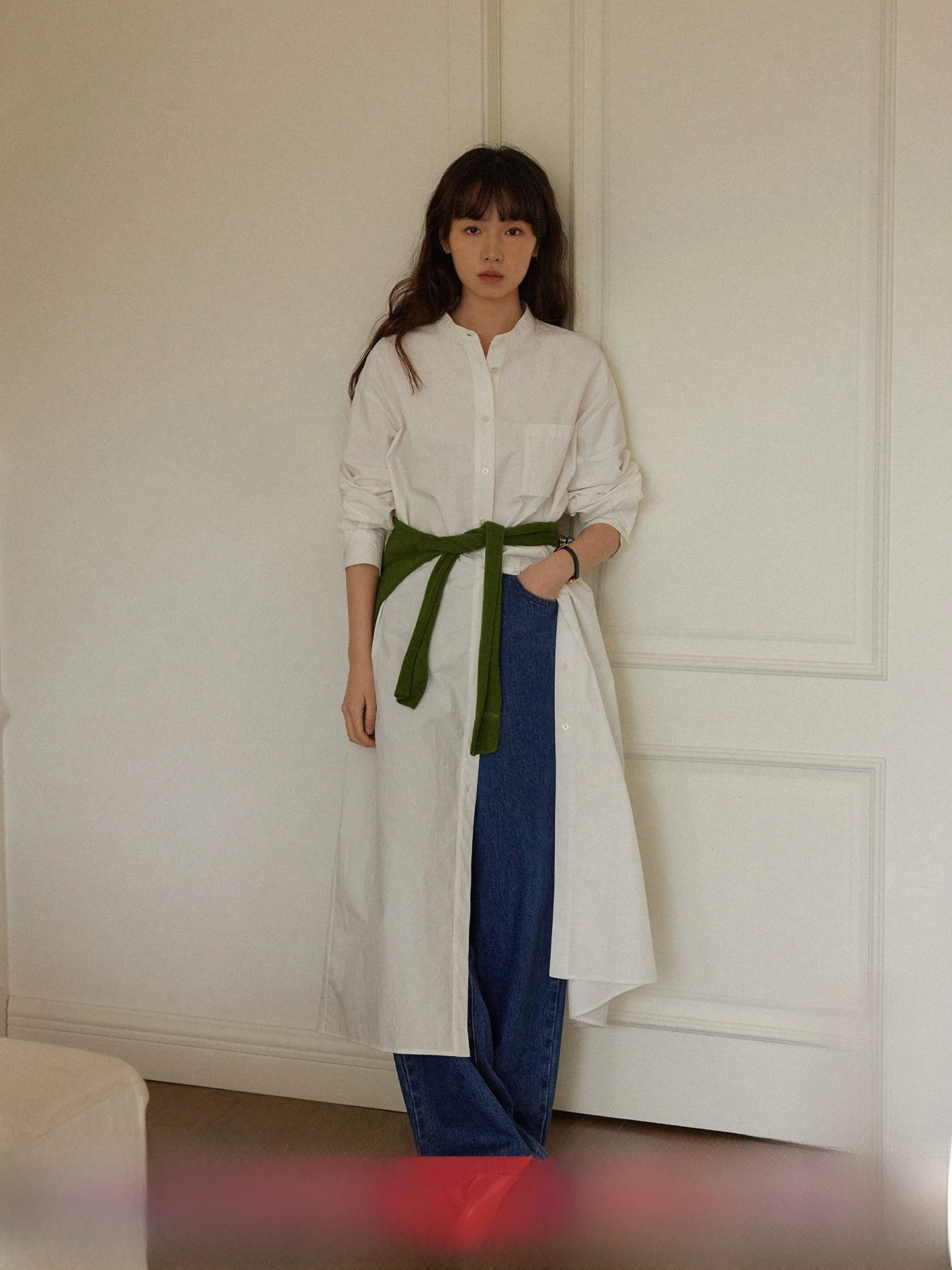 

Long irt Top with Belt Single Button Two Tone Striped Thin Outerwear Cotton Pure Spring Commute Sle Loose Fit Women