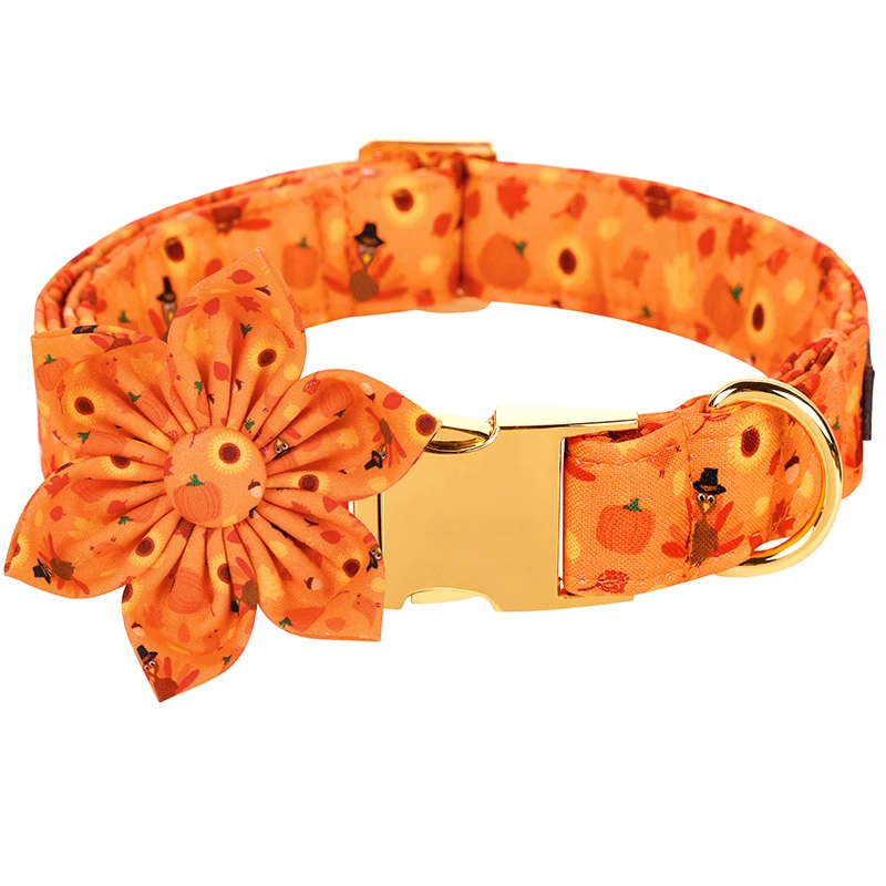 Personlized Fall Pumpkim Dog Collar with Bow Thanksgiving Turkey Puppy Collar Flower Dog Collar Large Medium Small Dog