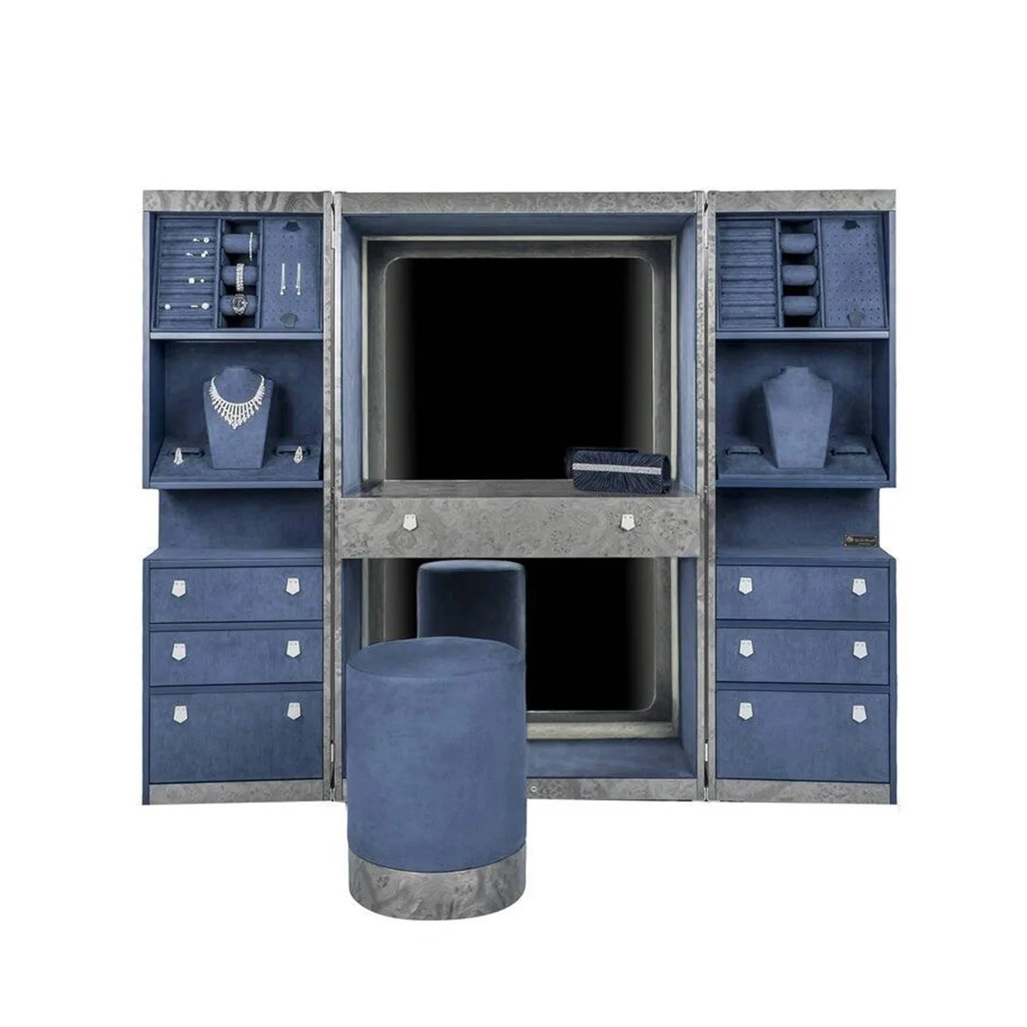 خزانة مجوهرات خفيفة فاخرة من الخشب الصلب ممتدة من الأرض حتى السقف مع مرآة