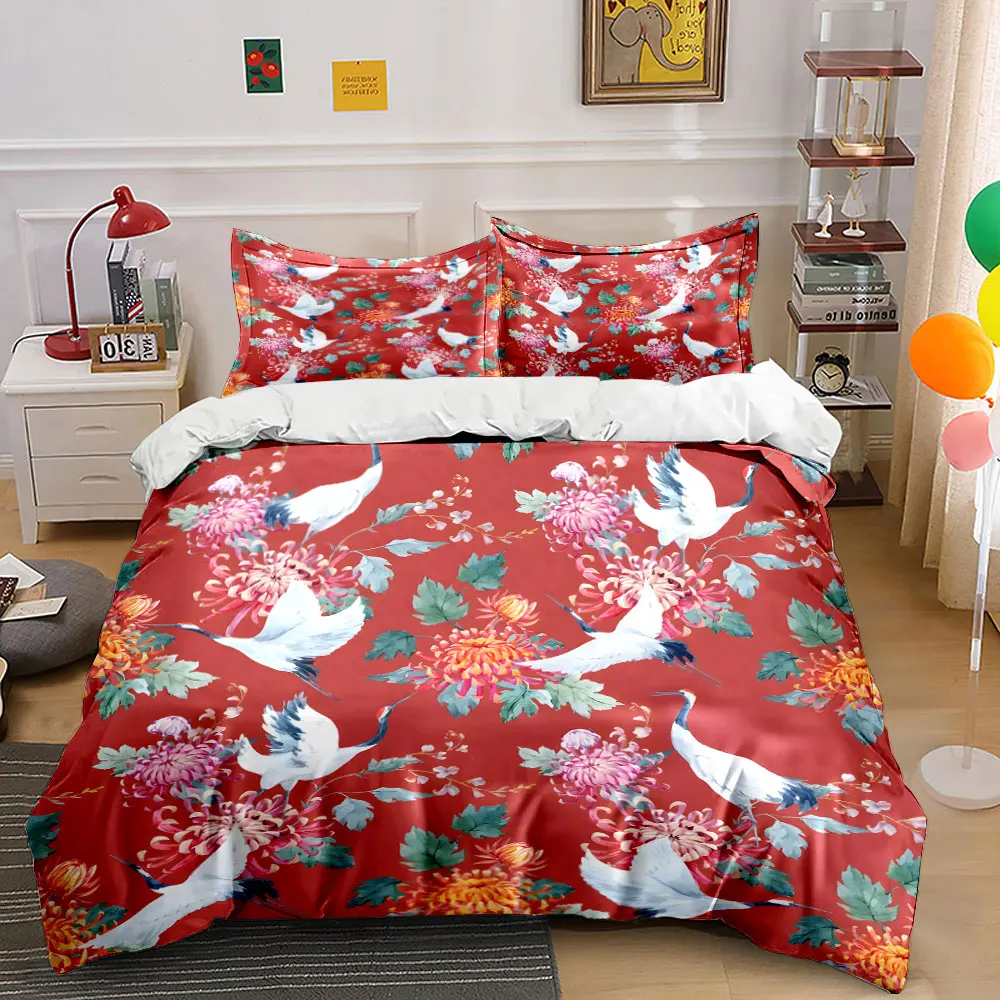 Red background with cranes and chrysanthemums Print Bedding Set 1 Duvet Cover 2 Pillowcases for Adult and Children Luxury Gift