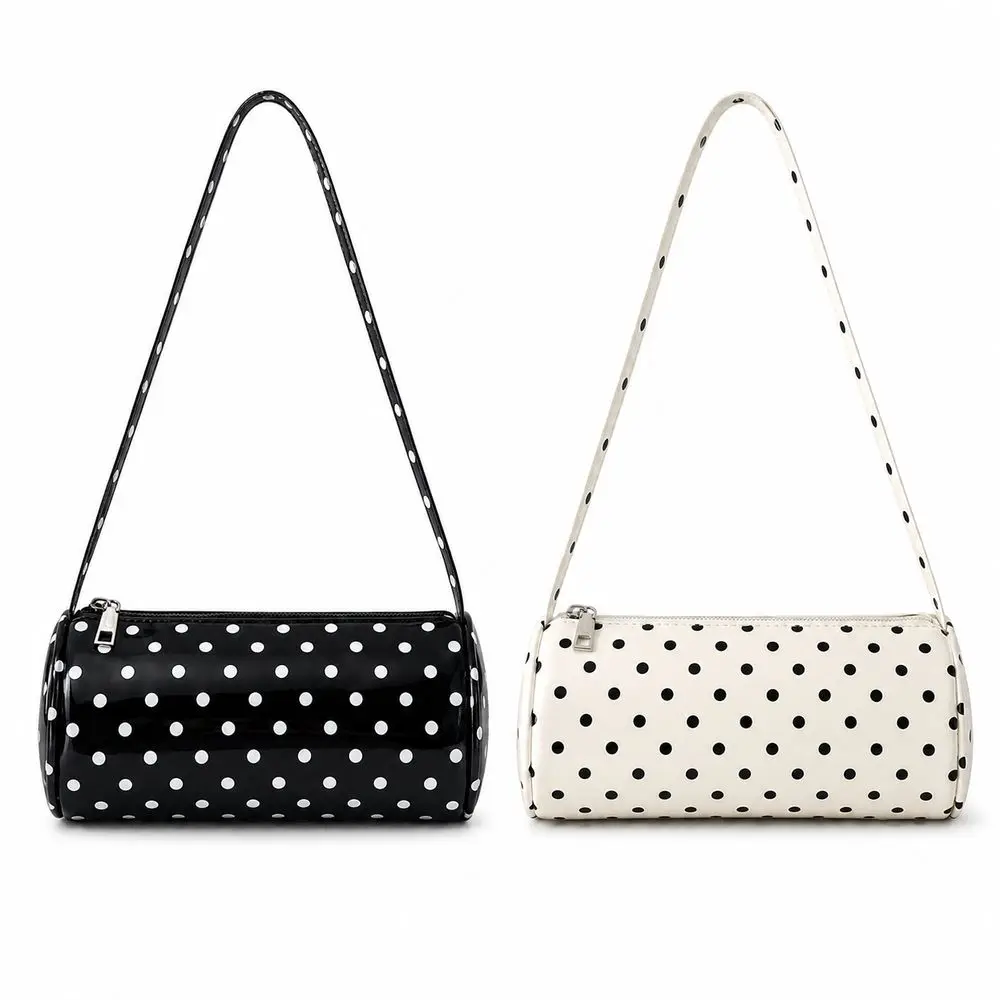 Polka Dot Polka Dot Handbag Adjustable Strap Barrel Shape Cylinder Shoulder Bag Zipper Closure Mini Barrel Bag Casual Outfits