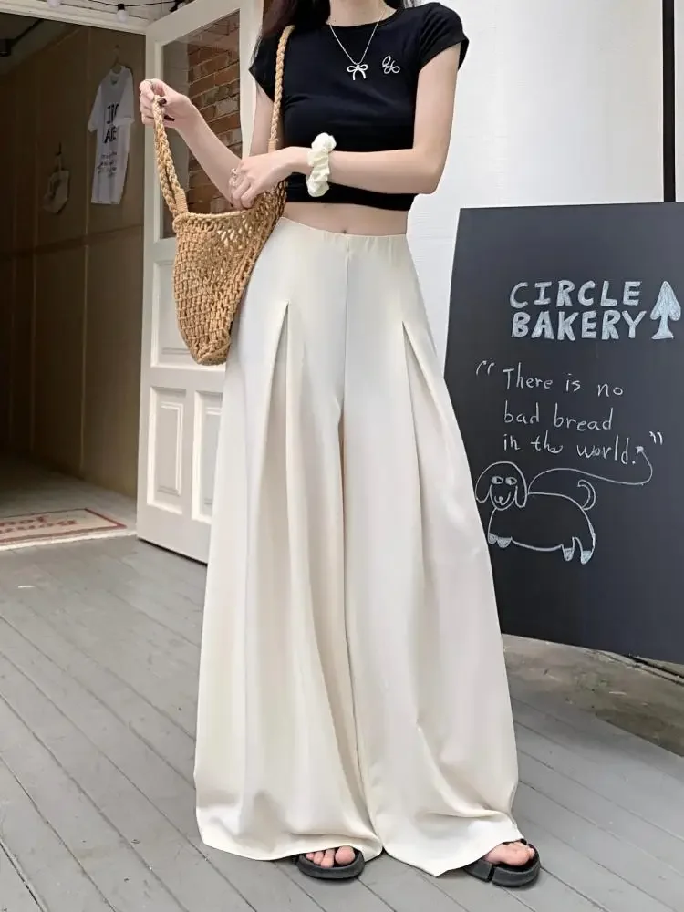 

Spring Summer Beige Baggy Pleated Long Pants for Women's 2024 New Black High Waisted Wide Leg Floor Trousers Casual Simplicity