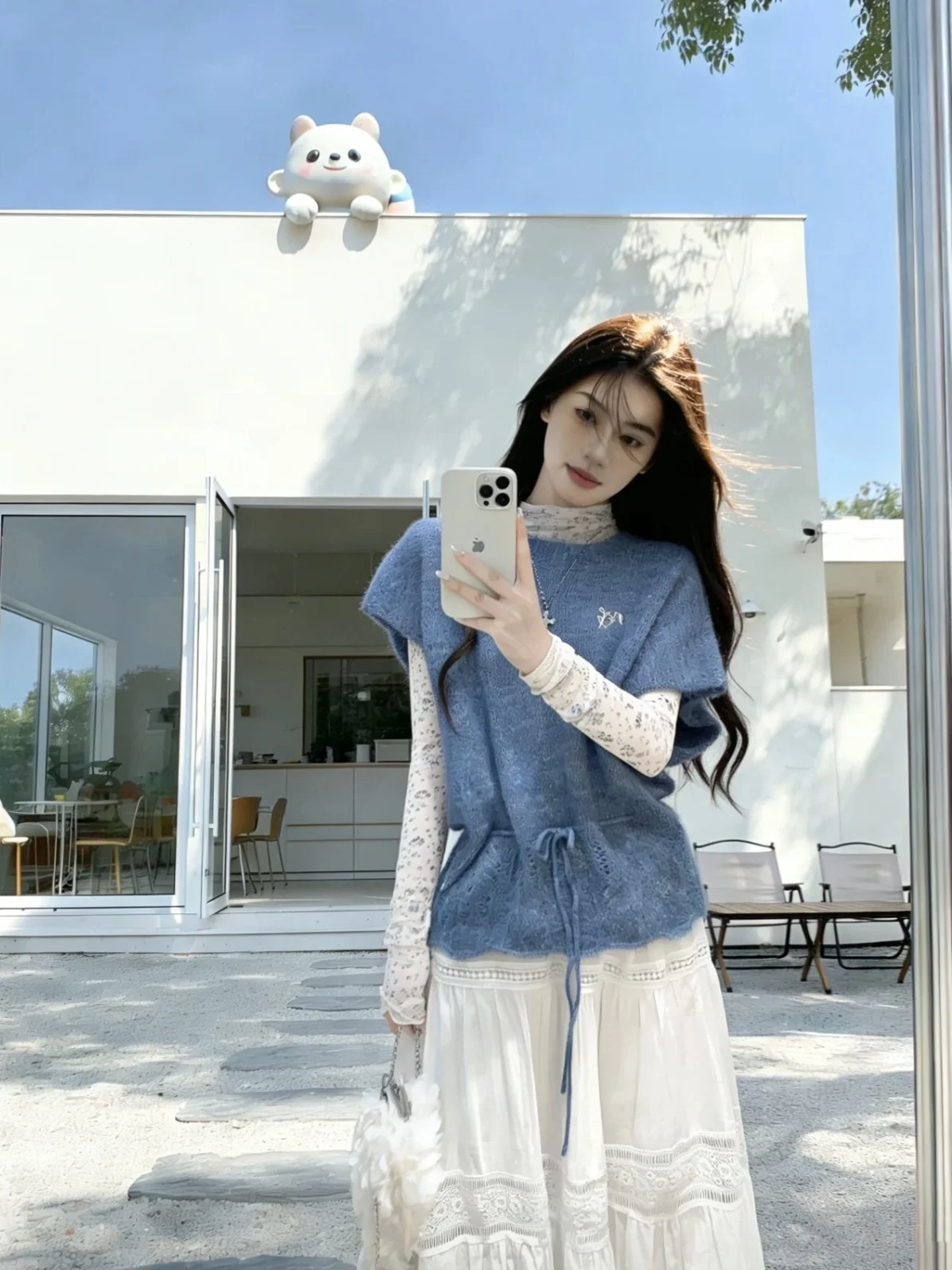

Korean Style Knitted Hollow out Short Sleeve Top Thin Blue round Neck Spring Summer New Arrival Women's Loose Fit Knitwear