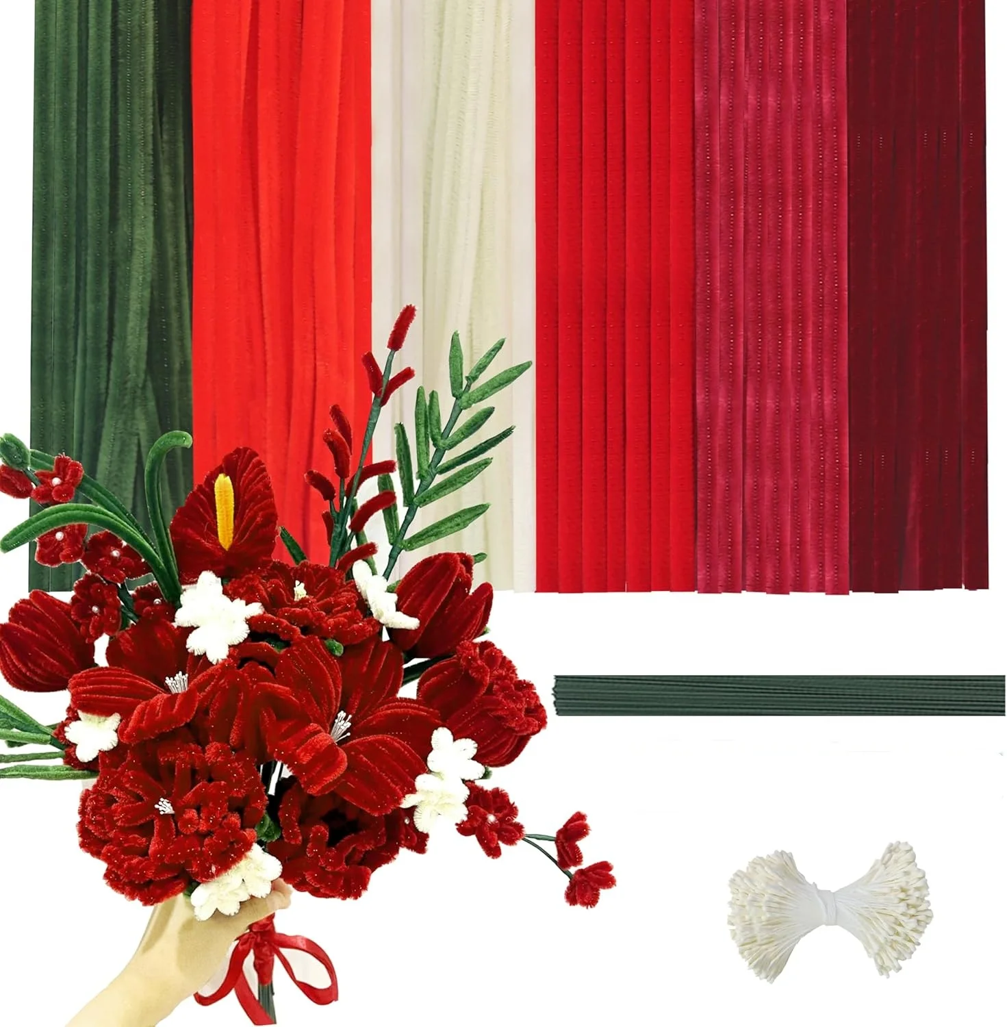 

770 шт. набор для чистки труб для цветочных букетов, 6 цветов толстых стеблей синели с цветочными аксессуарами, искусство своими руками