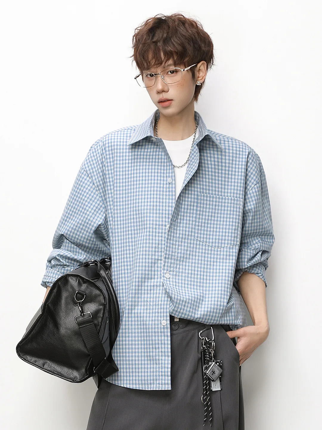 

Мужская рубашка в клетку с длинным рукавом, свободного кроя, на пуговицах, с воротником, в корейском стиле, для молодежи, весна, повседневная, верхняя одежда