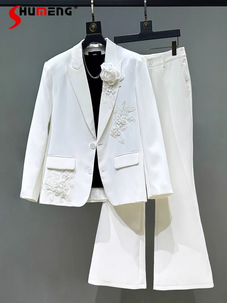 

Мужские комплекты костюмов из 2 предметов с 3D вышивкой, новинка 2021 года, высококачественные пиджаки с длинными рукавами, расклешенные брюки, красивые комплекты из двух предметов