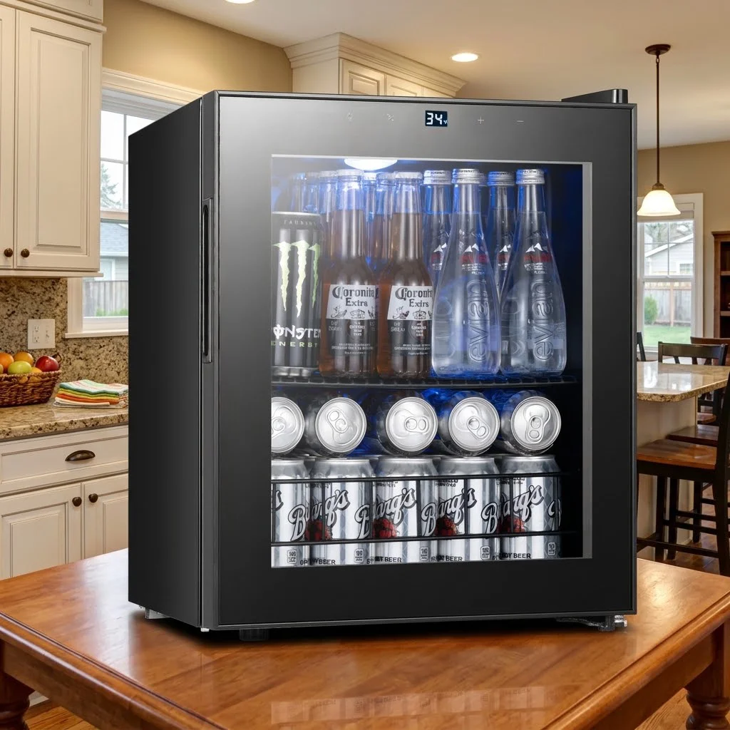 46L Single Zone Beverage Cooler 60 Cans Capacity Electronic Temperature Control Glass Door Drink Fridge With Blue Interior Light