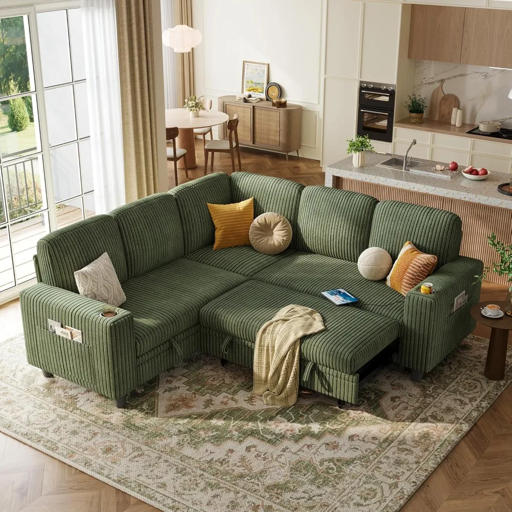 

Sectional Sleeper Sofa with Pull Out Couch Bed - Convertible Plush Corduroy Cloud Couch with Storage Chaise & USB