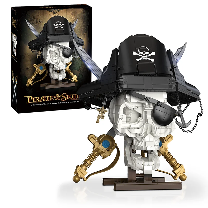 

Pirate Skull Blocks Skeleton Model Room Cool Ornament Creative Building Toys for Boys Kids Adult Gifts 1100+Pcs MOC Bricks Sets