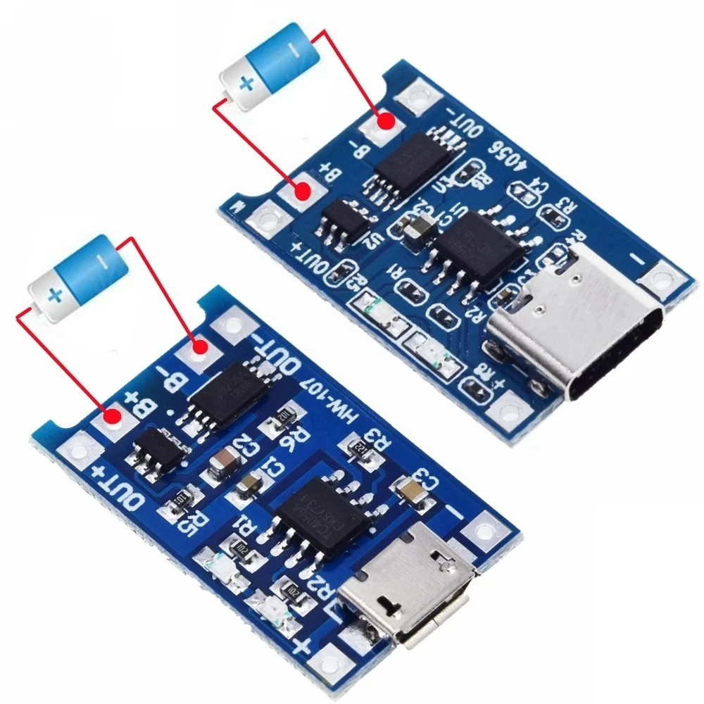 5V 1A Micro/Type-c/Mini 18650 TP4056 Lithium Battery Charger Module Charging Board With Protection Dual Functions Li-ion