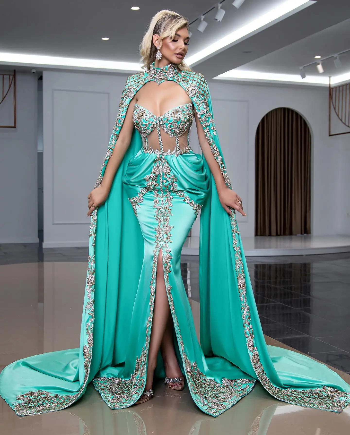 Dubai Turquoise Mermaid Prom Dresses With Cape See Thru Corset Shiny Crystal 2 Pieces Prom Gowns Front Split Maxi Dress