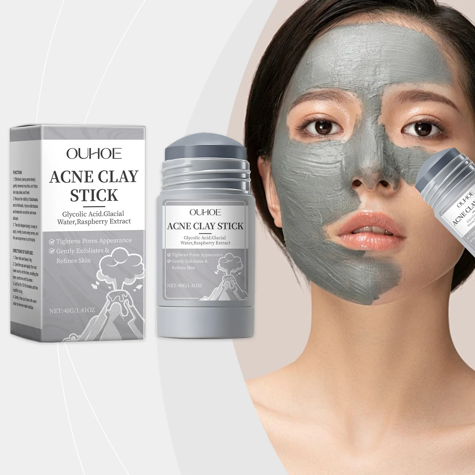 ACNE CLAY STICK - Glycolic Acid & Raspberry Extract Face Exfoliator for Pore Tightening, Blackhead Removal, Oil Control