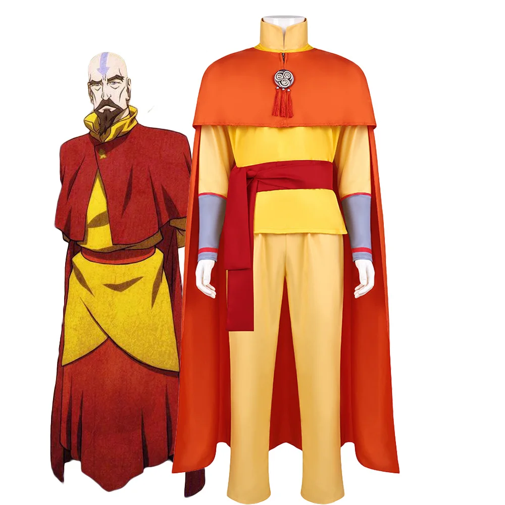 Image of Avatar Aang Cosplay Gelbes Oberteil mit orangefarbenem Umhang Set Kostüm für Halloween Faschingsset für Männer