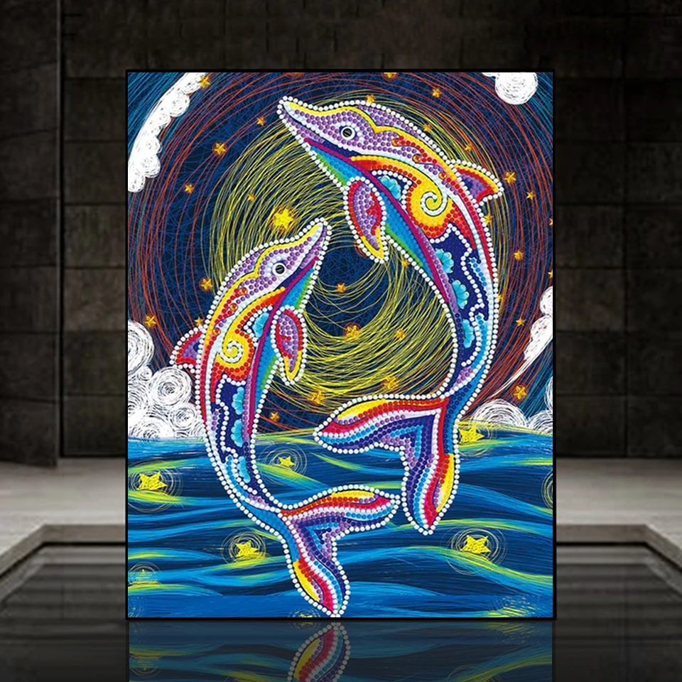 DIY 5D Diamond Painting Cute Sea Animal Mosaic Colorful Dolphins Jumping Out of The Sea Diamond Embroidery Art Home Decoration