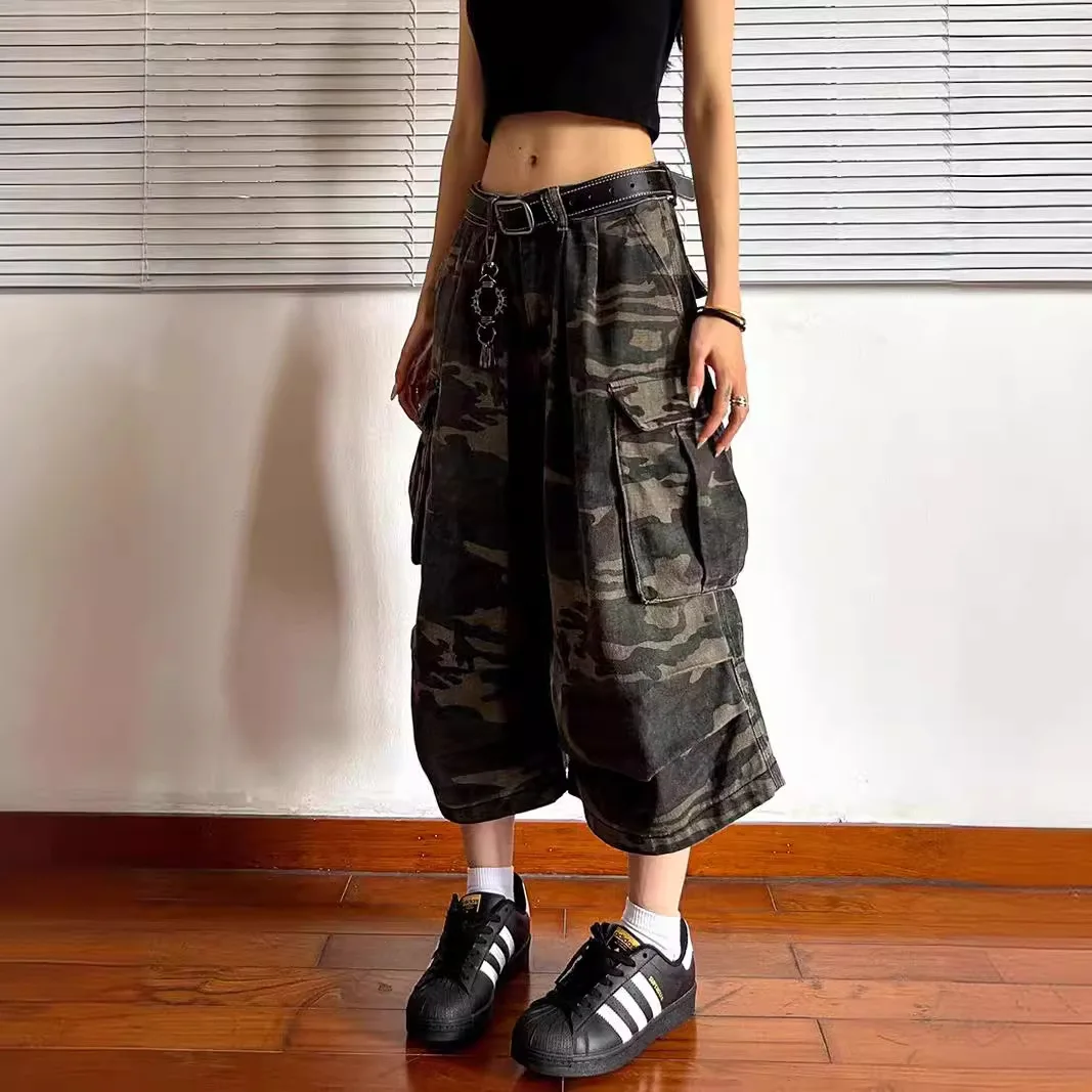 Unisex jeans bijgesneden broek 2025, retro noodlijdende cargobroek, unisex camouflage denim stijl, rechte crop broek met wijde pijpen