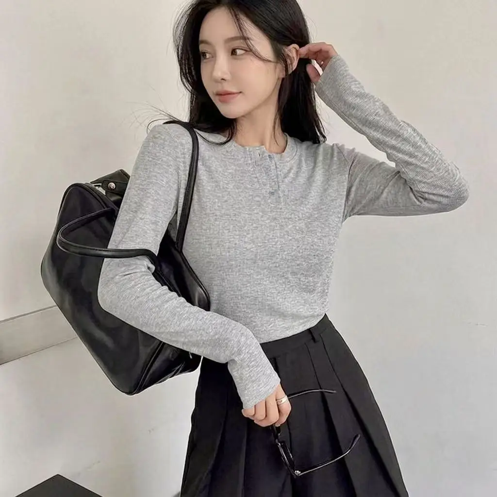 Women Ribbed Henley Neck Long Sleeve T‑Shirt Casual Button Half Placket Slim Fit Basic Tee Autumn Spring Soft Knit Tops Daily We
