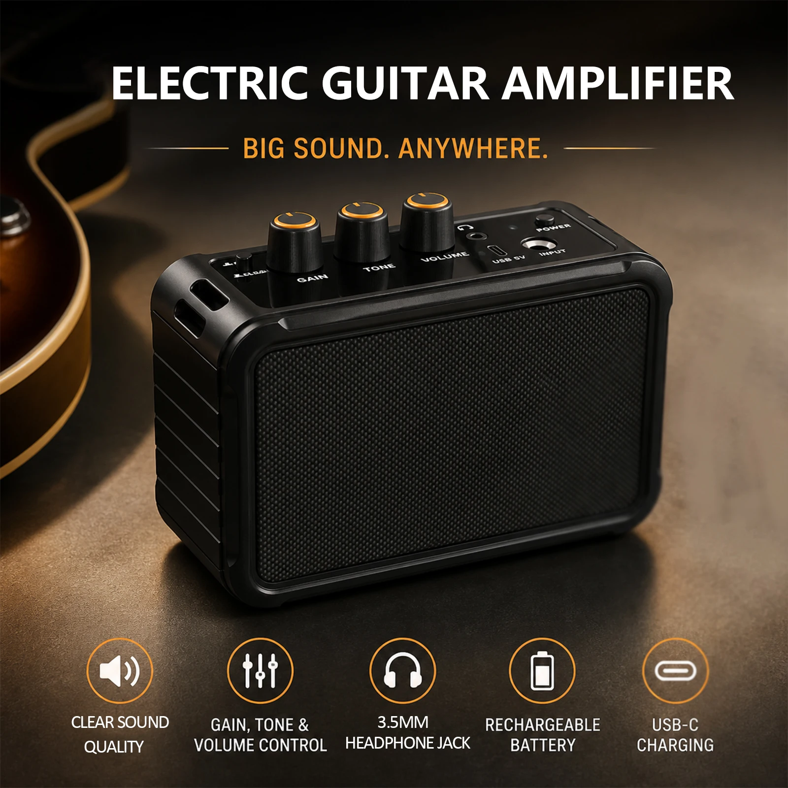 Mini Guitar Amplifier, Dual Speakers 10W, Rechargeable Electric Guitar Amp Bluetooth with Clean Overdrive, Headphone Jack, Porta
