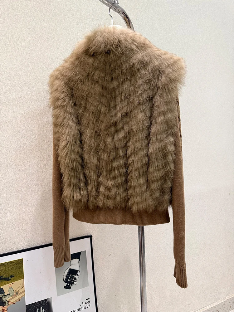 2026 Casual Women Real Fox Fur Coat Knit Sleeve Jacket Fur Collar Short Coat Winter Warm Furry Outerwear