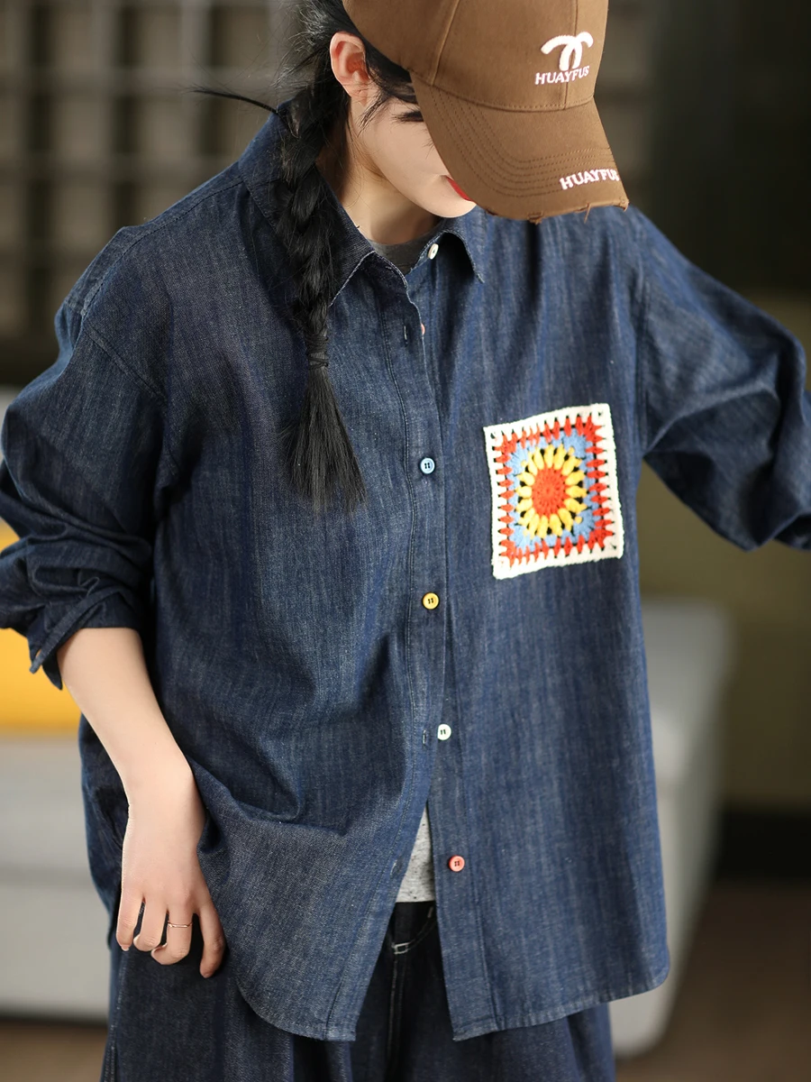 

Ретро-кардиган из 100% хлопкового денима с художественным цветочным узором, женская верхняя одежда, дышащий топ с длинными рукавами и цветочным принтом.