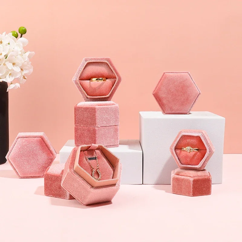 Hexagon Velvet Ring Box with Detachable Lid Jewelry Case Earring Holder Pendant Storage Box Simple Fashion Jewelry Packaging