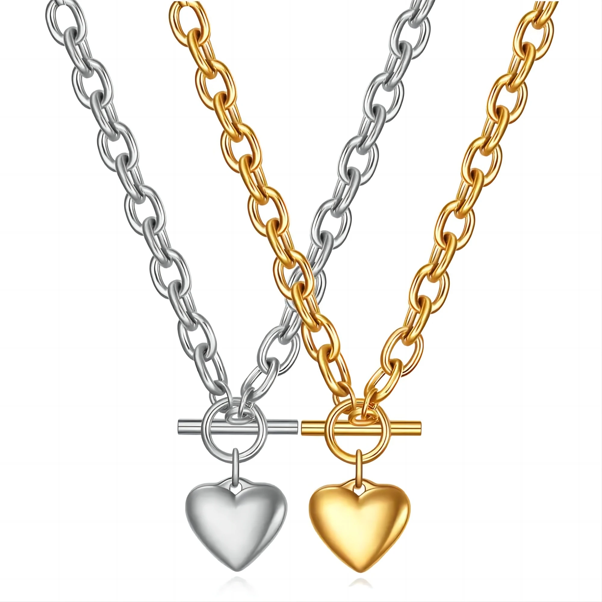 VQYSKO-collares con colgante de corazón liso de acero inoxidable con botón OT para mujer, joyería de fiesta, oro/plata/Color