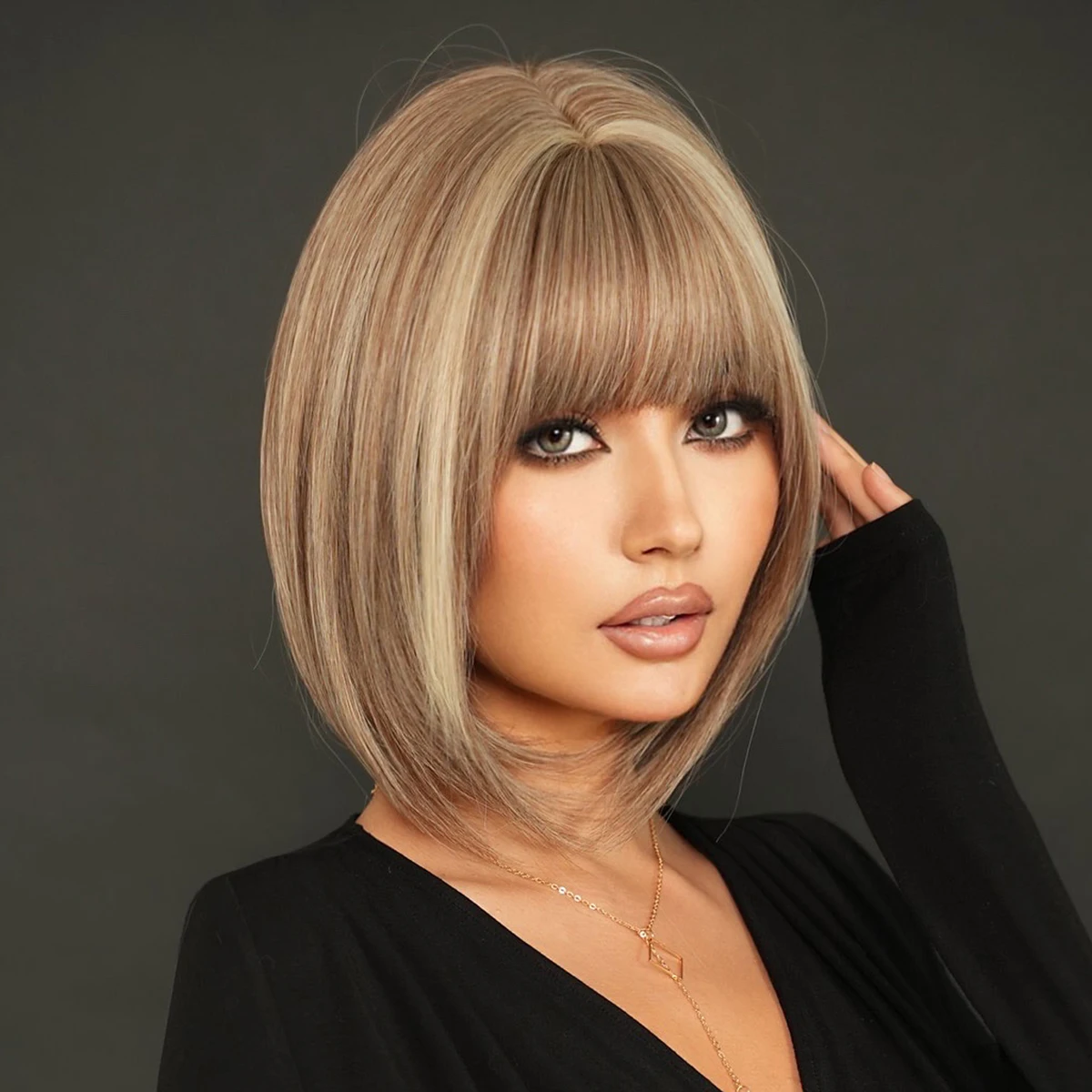 7JHH WIGS-Perruque Synthétique Courte et Droite pour Femme, Cheveux Bruns et Blonds à Haute Densité avec Frange Soignée