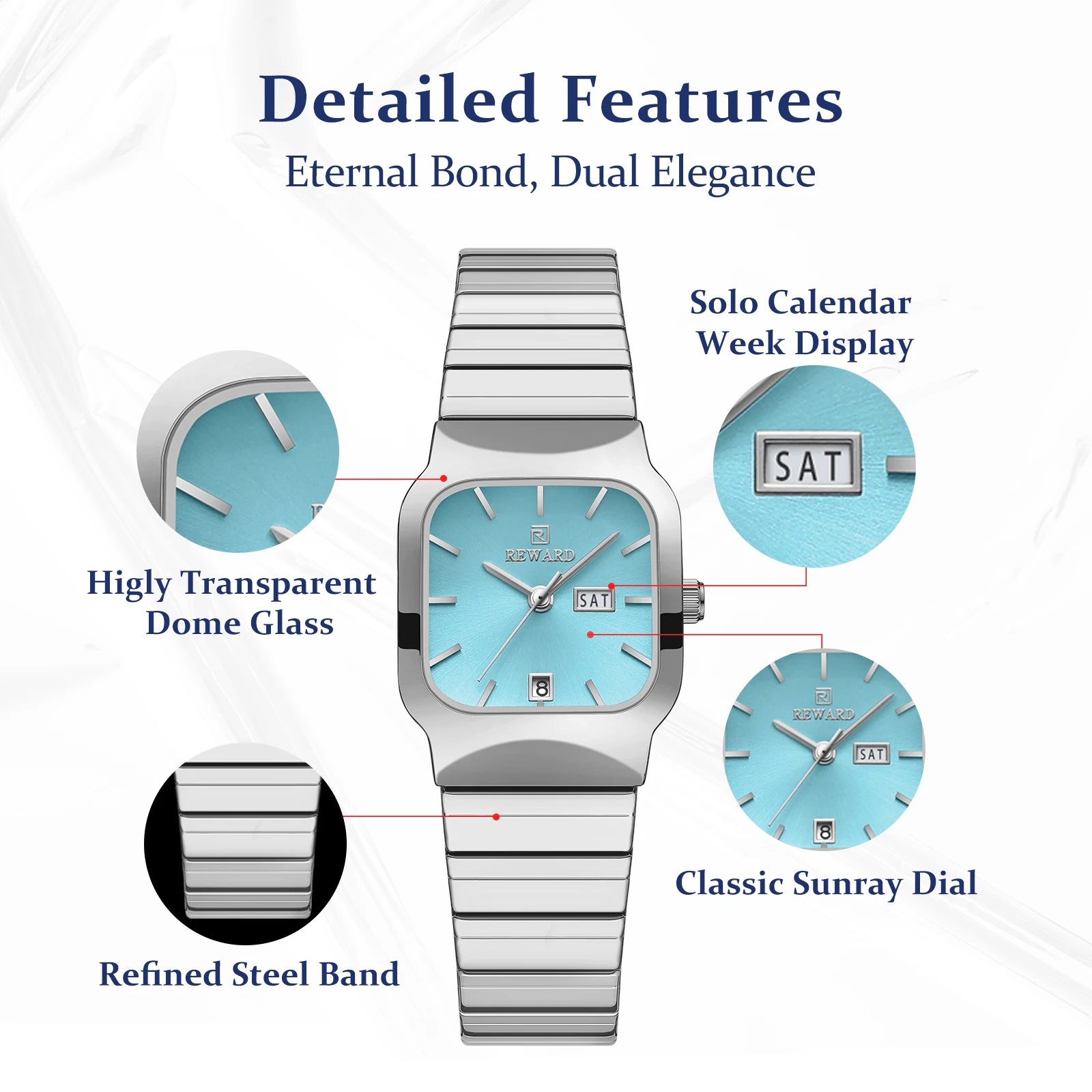 REWARD Fashion Square Watches for Women Stainless Steel Band Date Day Waterproof Casual Womens Wristwatch