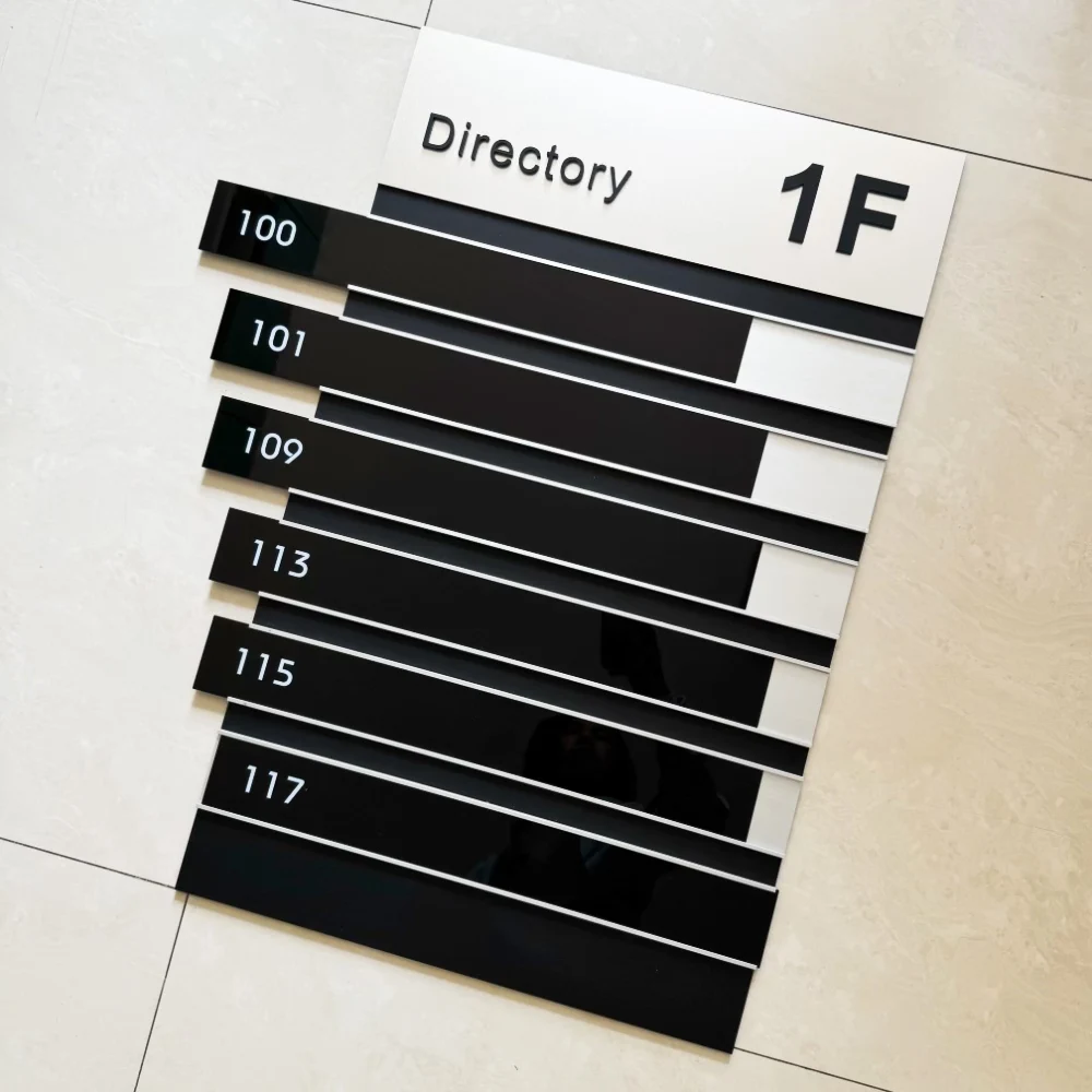 

Modern Acrylic and Metal Direction Sign For Company Hotel Apartment Hall Elevator Color Size 3D Arrow Letter Number Slider Bars