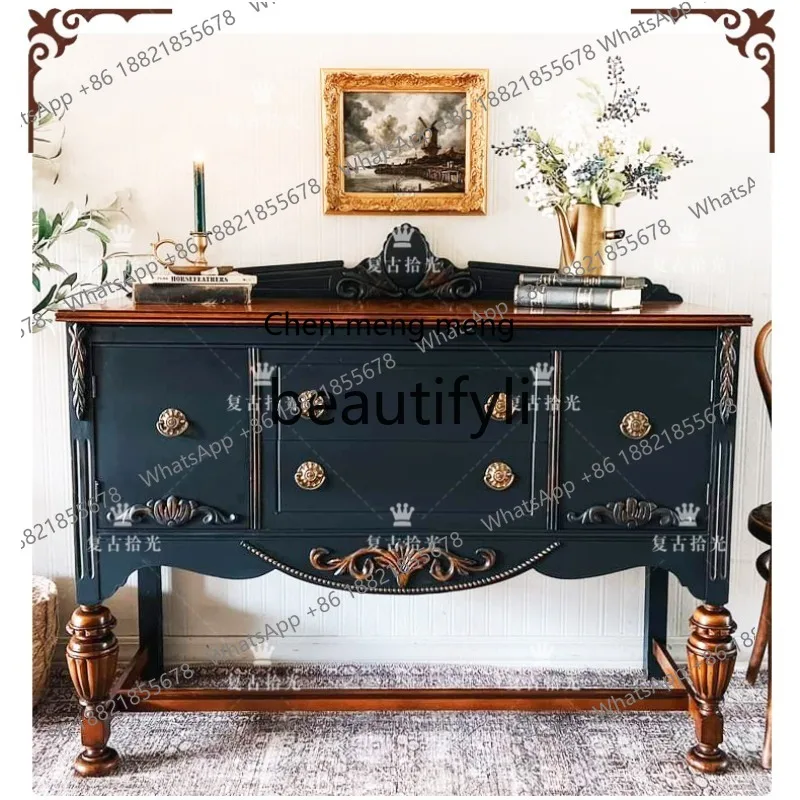 

French Retro Solid Wood Carved Entrance Cabinet Hallway Console Storage Decorative Cabinet Black