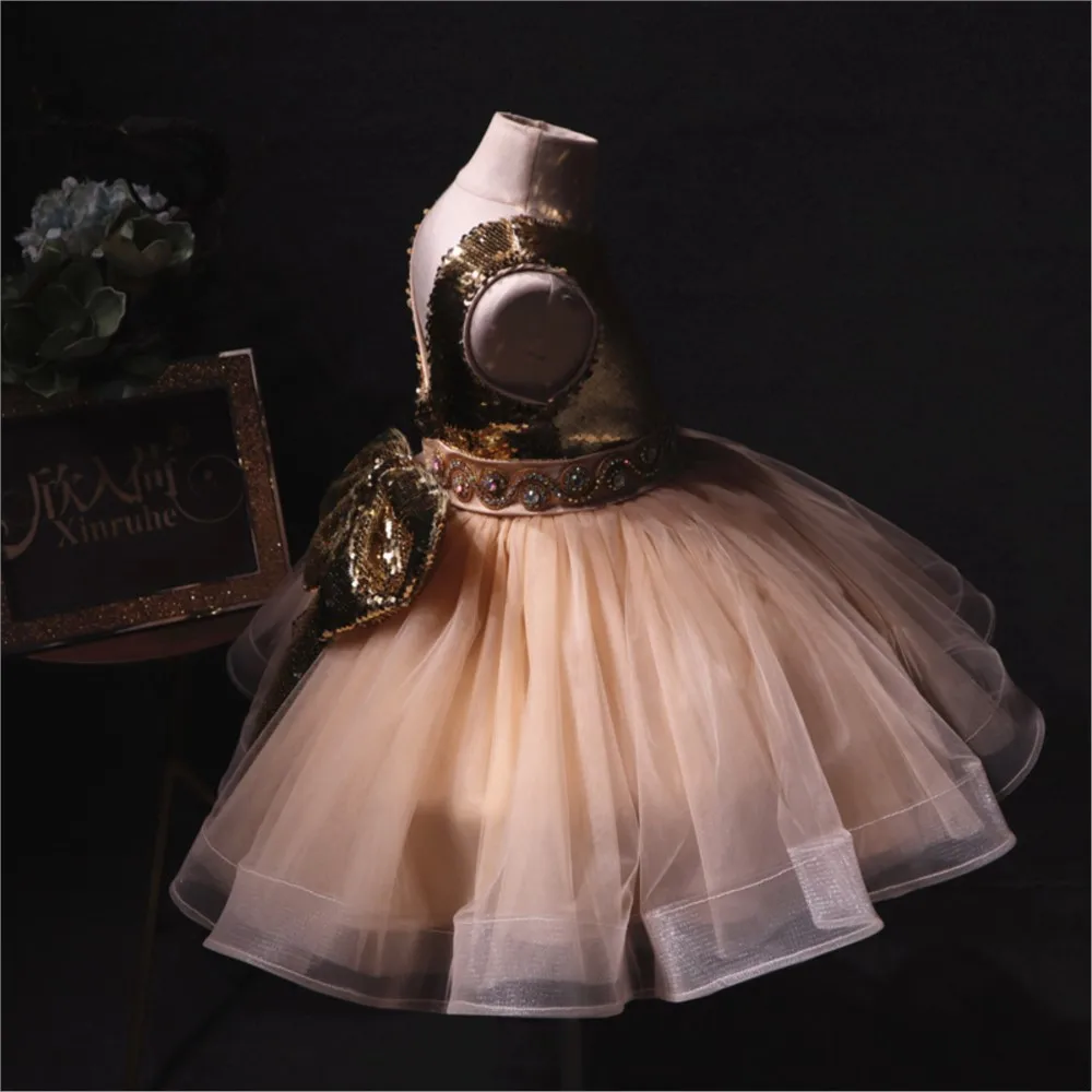 Golden sequin mesh patchwork sleeveless princess dress girls and children's dress flower party birthday dress image 4