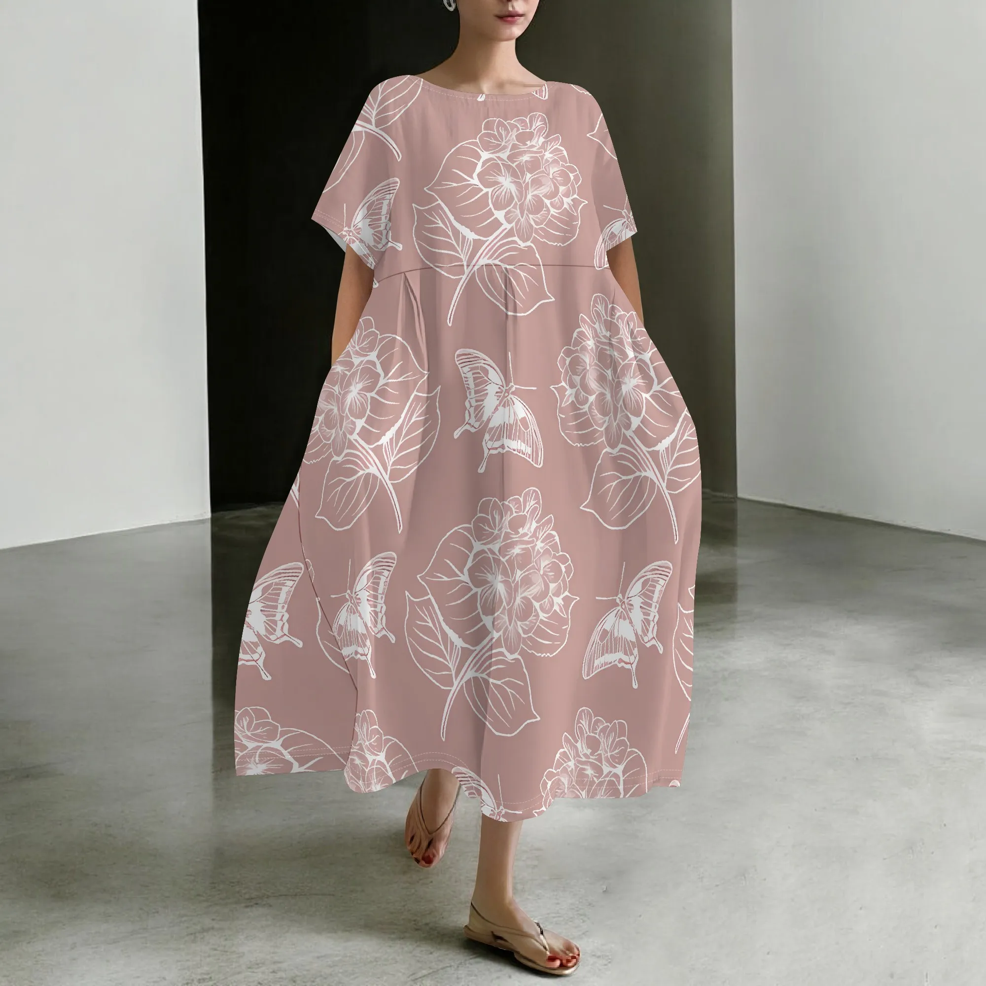 Nupusa Standard Size Maxi Dress Floral Print Short Sleeve Loose Dress