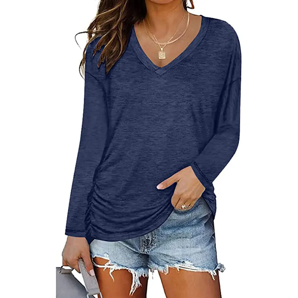 Women's V-Neck Shirred Long-Sleeved T-shirt, Loose Casual Top, Monochromatic, Fall, Winter