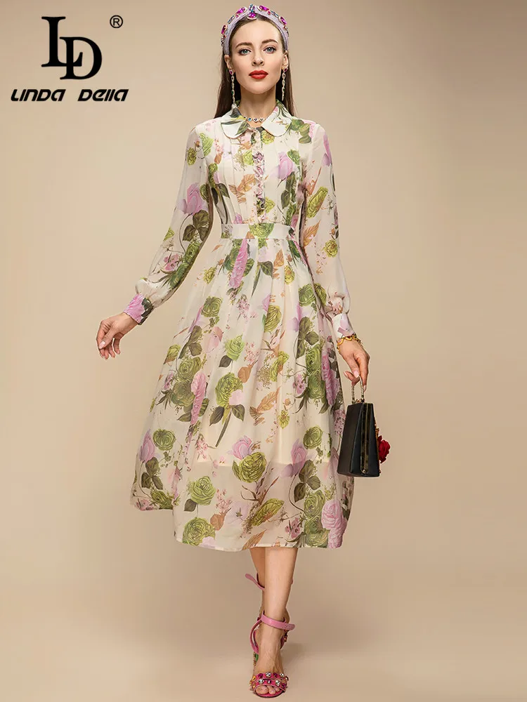 LD LINDA DELLA New 2023 Summer Runway Fashion Women Elegant Midi Dress Turn-down Collar Floral Print Vintage Party Dresses