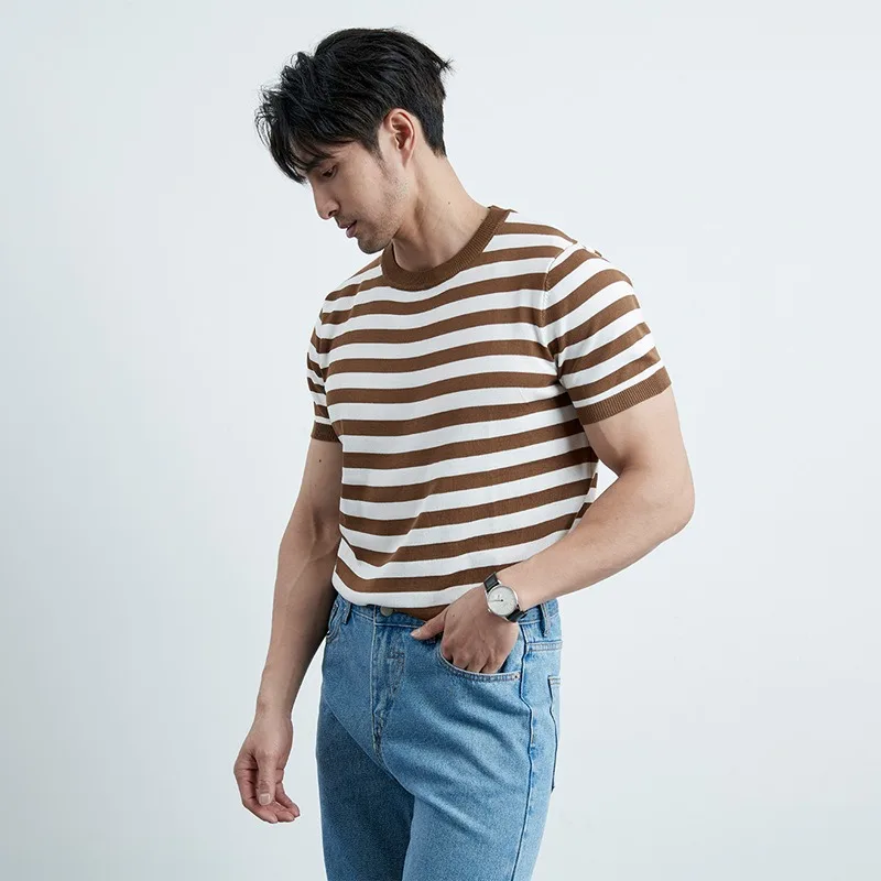 Crop Top Gentleman Short Sleeved Male Leisure Commerce Stripe Swallow Collar Knitted T-shirt Round Neck Self Cultivation