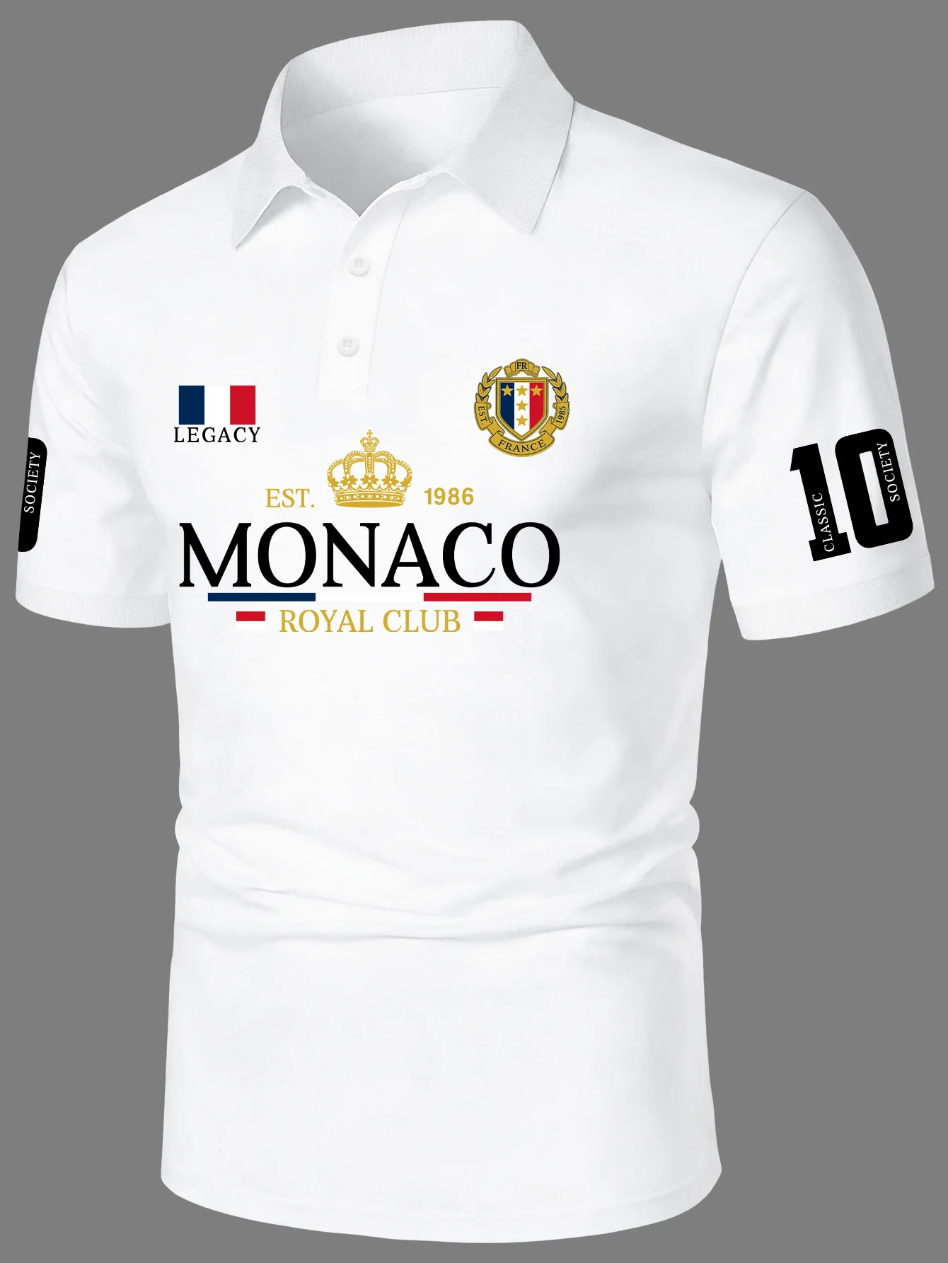 Men's Elegant Style Polo Shirt Royal Crown Print Turn Down Collar Short Sleeve Polyester Tops with Number 10 Sleeve Detail S-XXL