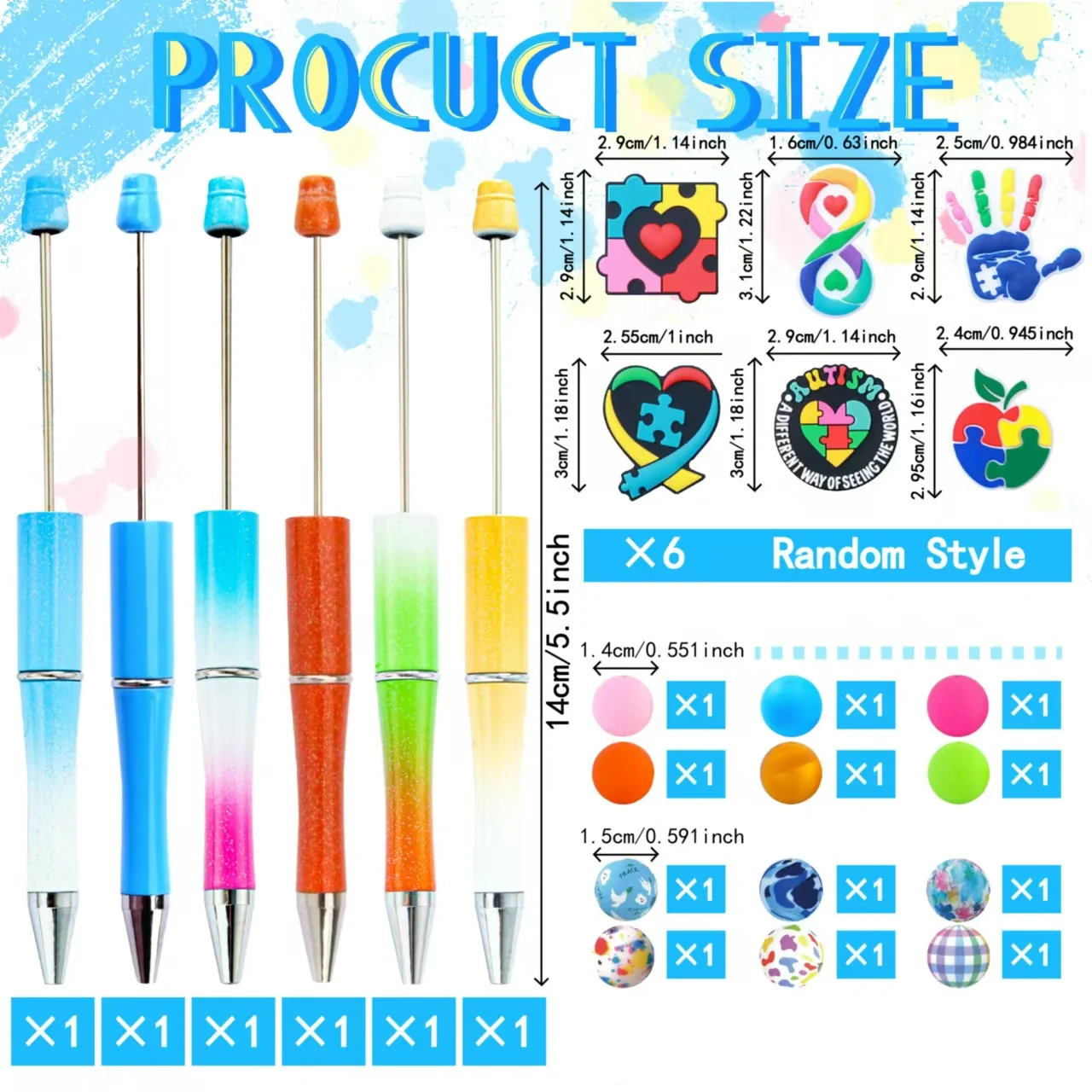 6PCS New Creative Care Autism Awareness Rainbow Puzzle Theme DIY Silicone Beads&Ballpoint Pen Set，Office&Study Supply