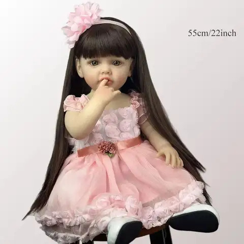 22 Inch Lifelike Princess Doll with Brown Long Hair- Soft Full Vinyl Body Reborn Girl In Pink Dress & Accessories Set - Can Bath & Stand - Ideal for Kids Role Playing Birthday Easter Christmas Gift