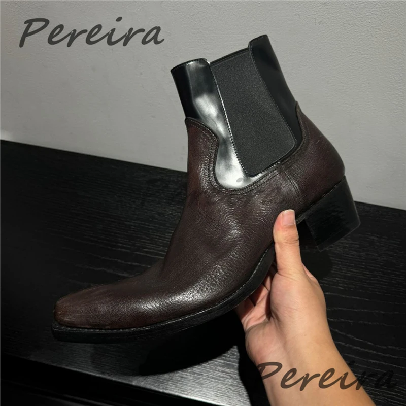 

Brown Black Retro Chelsea Boots for Men Women Pointed Toe Thick High Heel Short Boots Trendy Patchwork Leather Elastic Booties