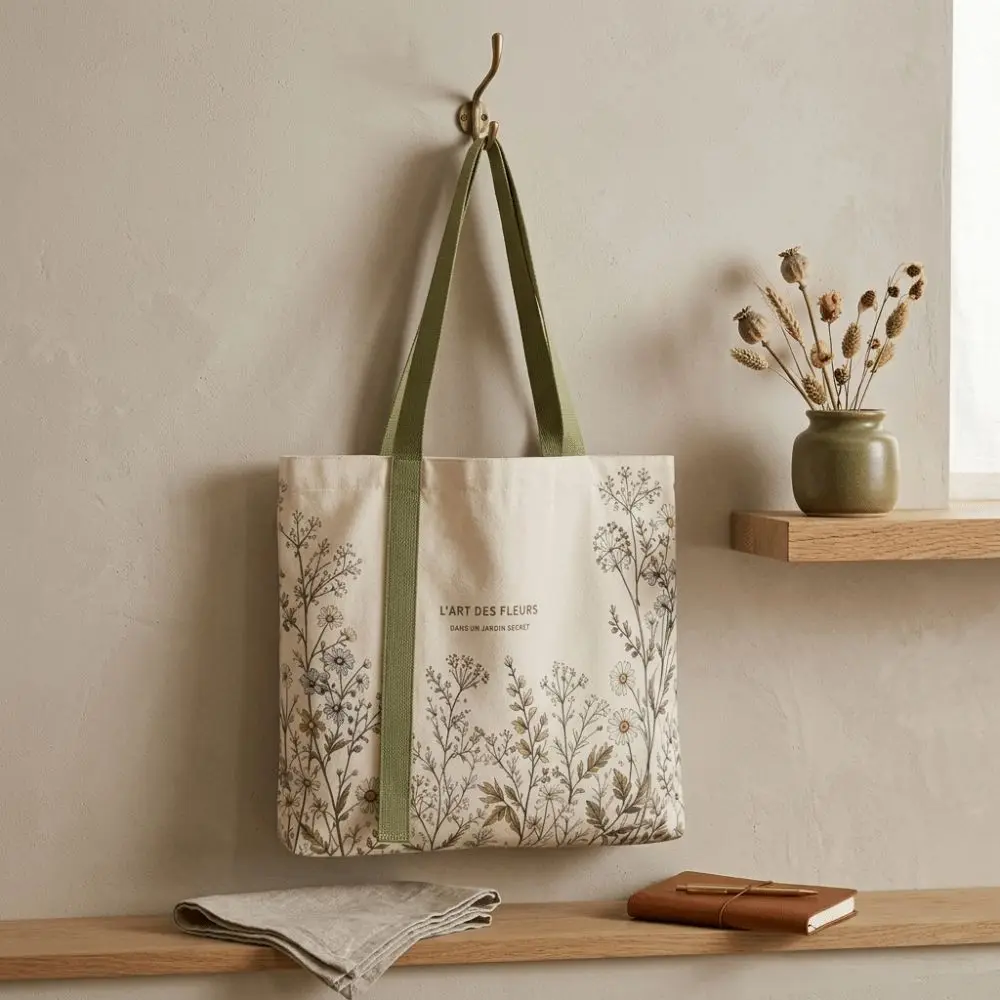 New Cotton Canvas Canvas Tote Bag Durable Lightweight Carry Bag Green Daisy Print Travel Bag Shopping Trips