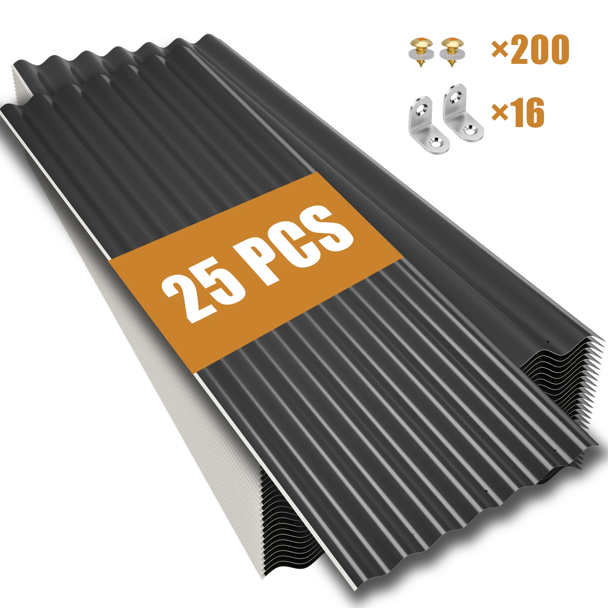 25PCS Corrugated Metal Roofing Sheets, Galvanized Steel Roof Panels, Black/Grey Optional, Heavy Duty for Shed, Carport, Greenhouse
