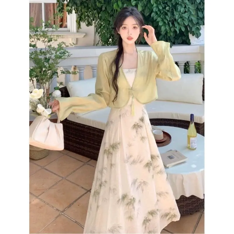 

Open Cardigan Floral Strapless Dress Two-piece Set Ethereal Chinese Style New Spring and Summer Outfit with Shawl