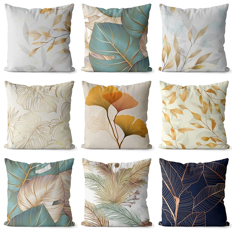 45cm Ginkgo Print Cushion Cover Living Room Sofa Bedroom Home Decoration Square Polyester Pillowcase Waist Pillow Cover