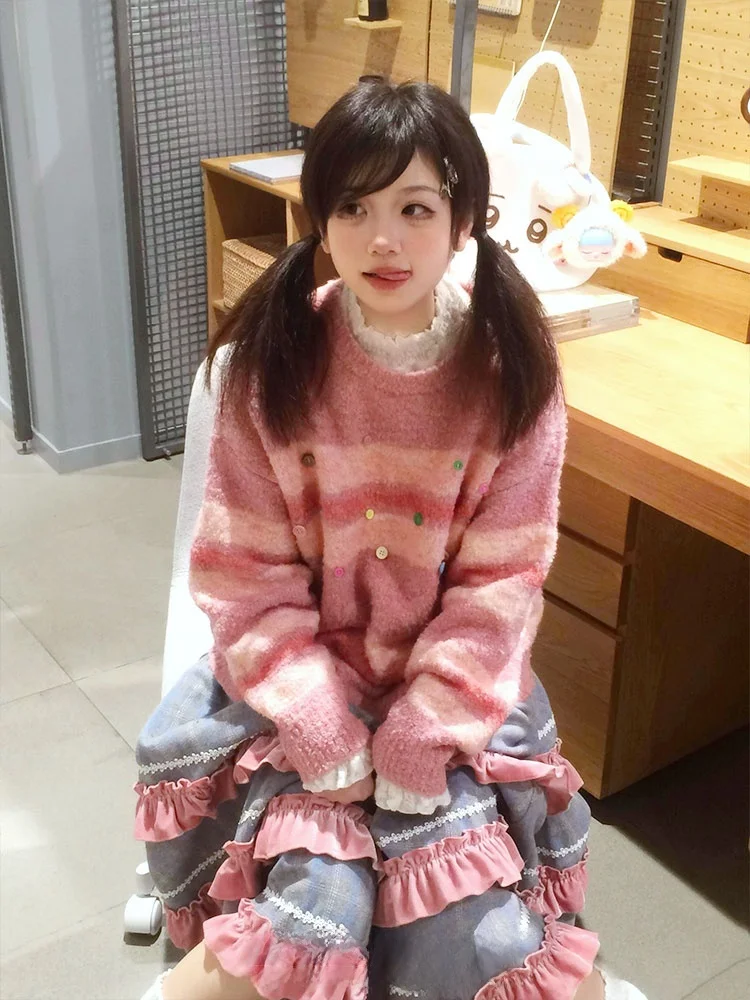 American College Sle-suéter de punto holgado informal para mujer, talla pequeña, Color a rayas, cálido, largo, Sve