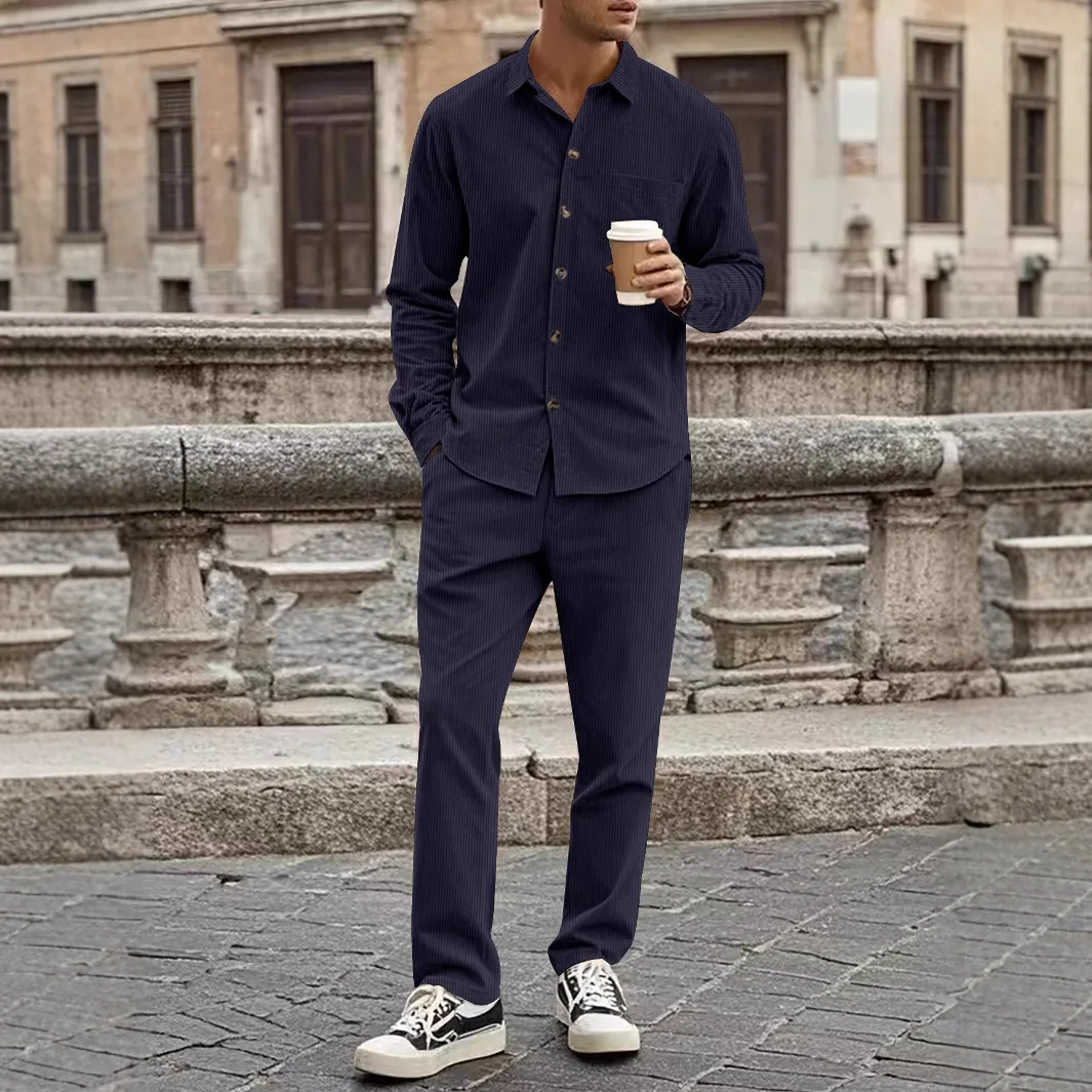 2025 new corduroy men's spring and autumn casual collar button up shirt long sleeved pants set