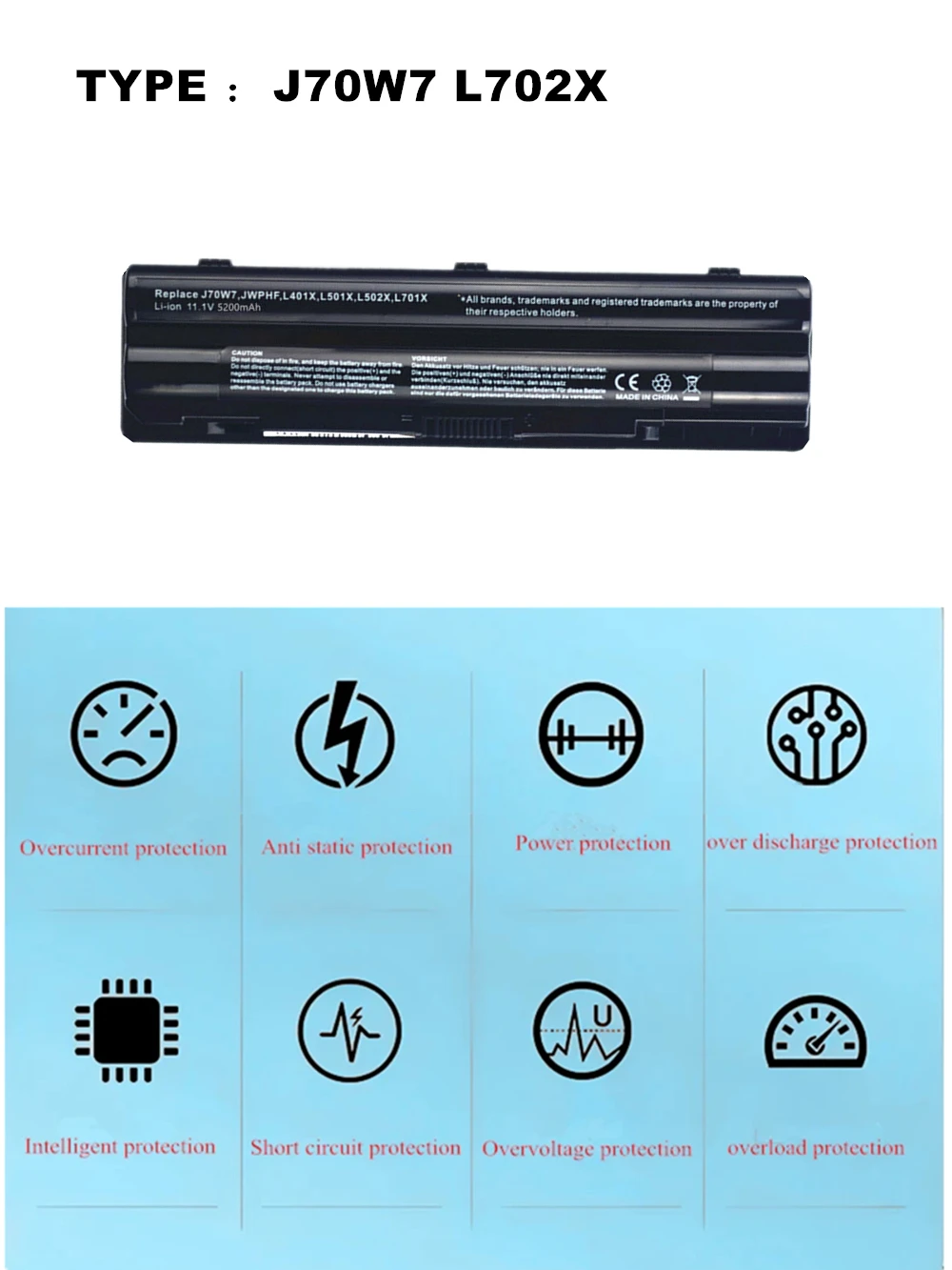 J70W7 11.1V-58Wh Laptop battery For Dell XPS L401x L501x L502x L701x L702x L721x 312-1123 312-1127 JWPHF R795X WHXY3
