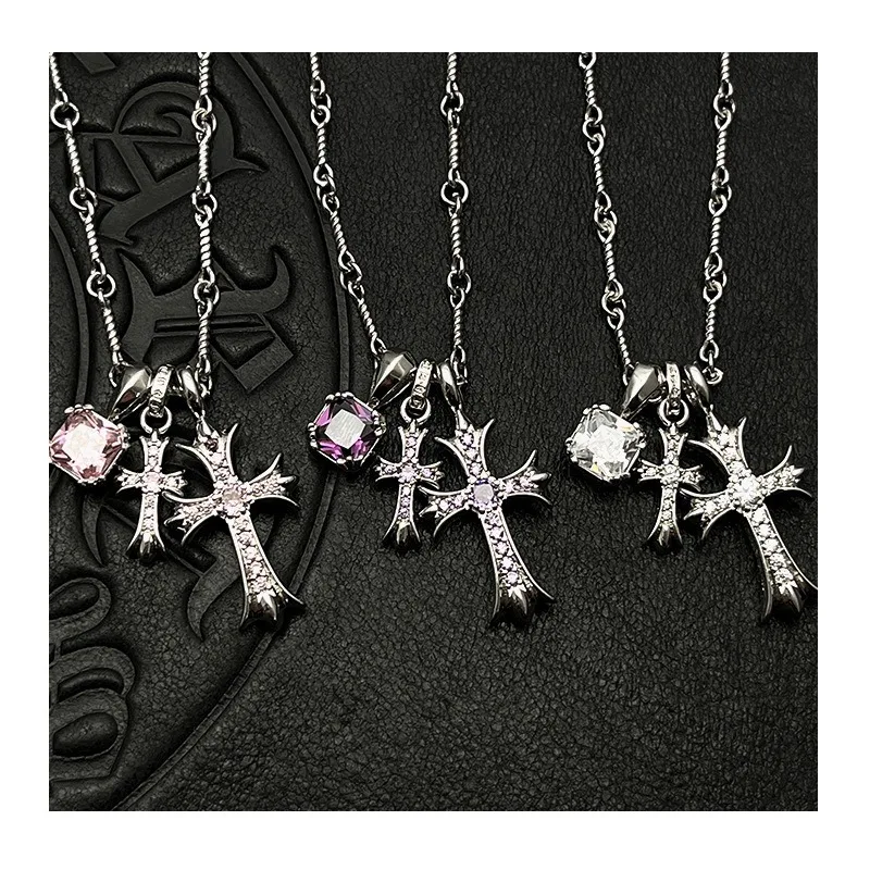 

Tide Jewelry Thai Silver Platinum Plated Sugar Cube Double Cross Colored Diamond Three Pendant Necklace Sweater Chain Accessorie