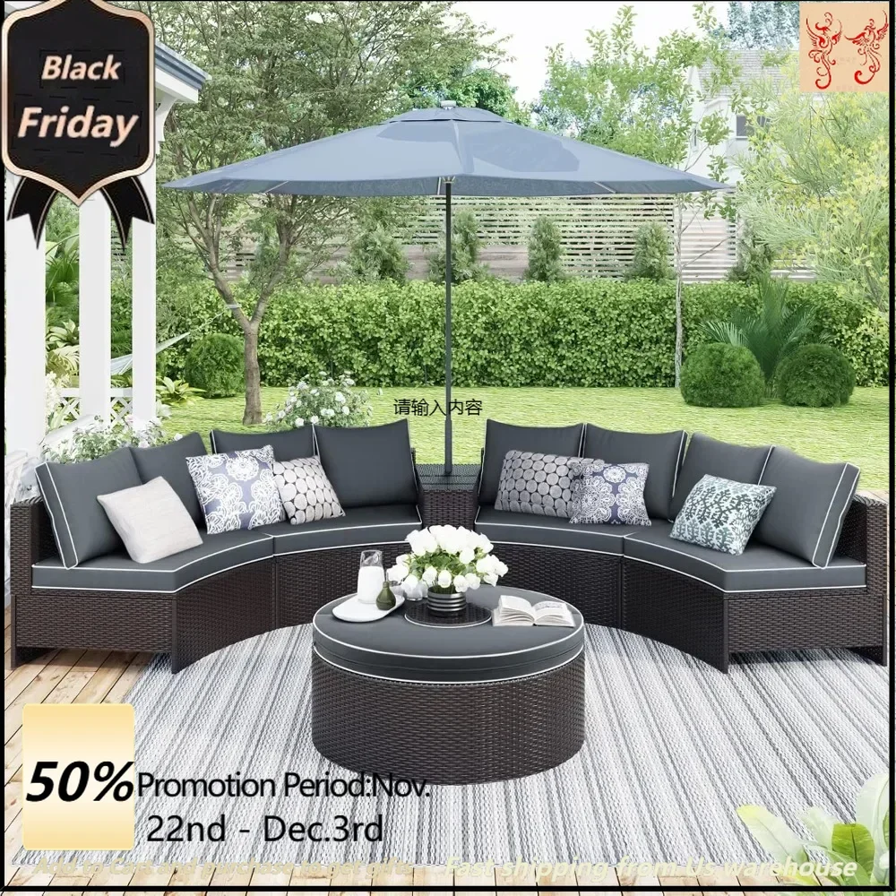 6 pieces of outdoor patio half-moon furniture, PE rattan outdoor conversation set, side table with cushions and umbrella storage