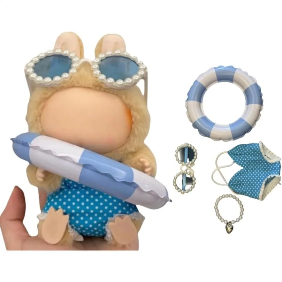 

Стильный комплект летней пляжной одежды подходит для модной куклы Labubu 17 см 15 см в комплект не входит (синий купальник + кольцо для плавания + ожерелье)